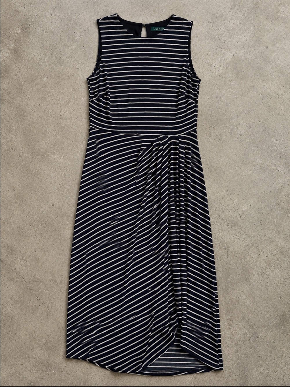 Lauren Ralph Lauren Striped Ruched Maxi Dress Woman 14 Navy White Stretch FLAW